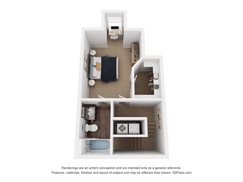 A 3D floor plan of a small apartment with a kitchen, living room, and two bedrooms.